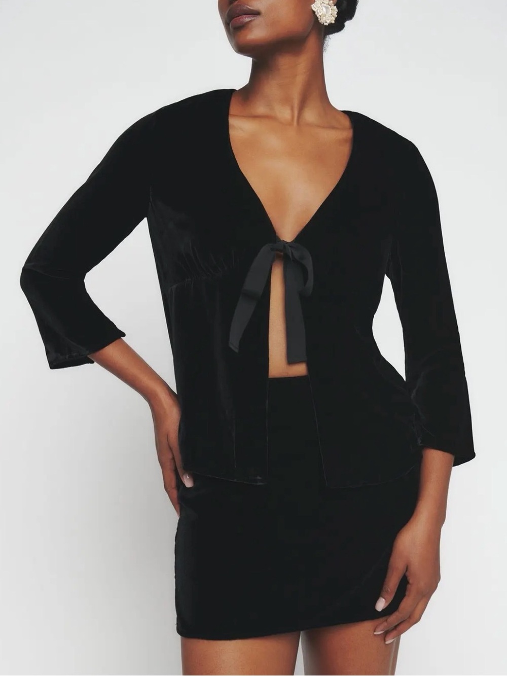Reformation Black Velvet Cairns Tie-Front Crop Top and Skirt Set M EUC